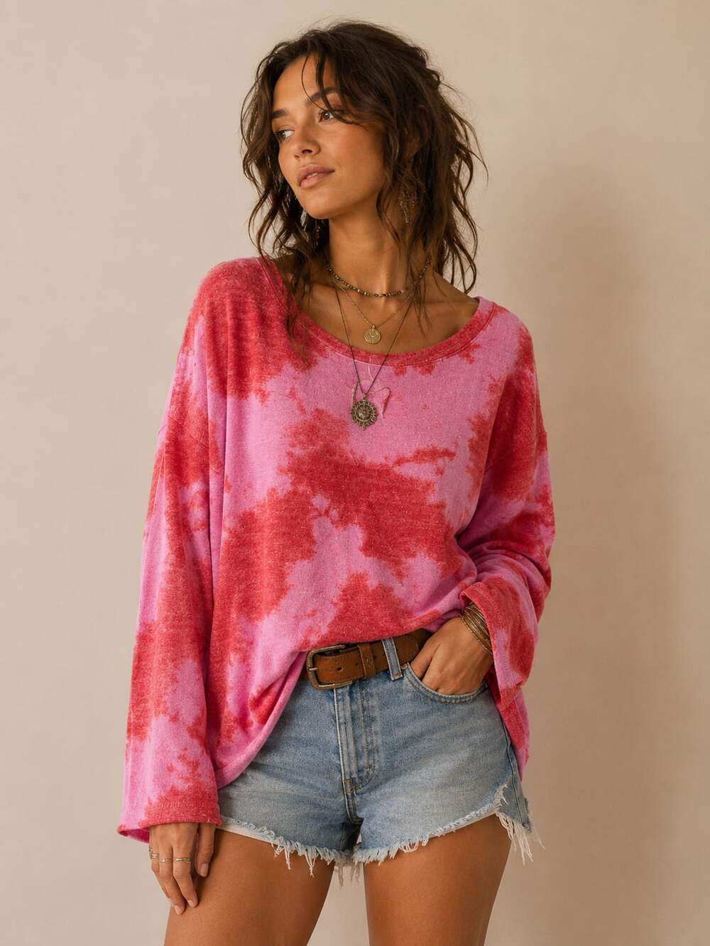 Jessica Simpson Pink Red Tie Dye Long Sleeve Pullover Sweatshirt Size L